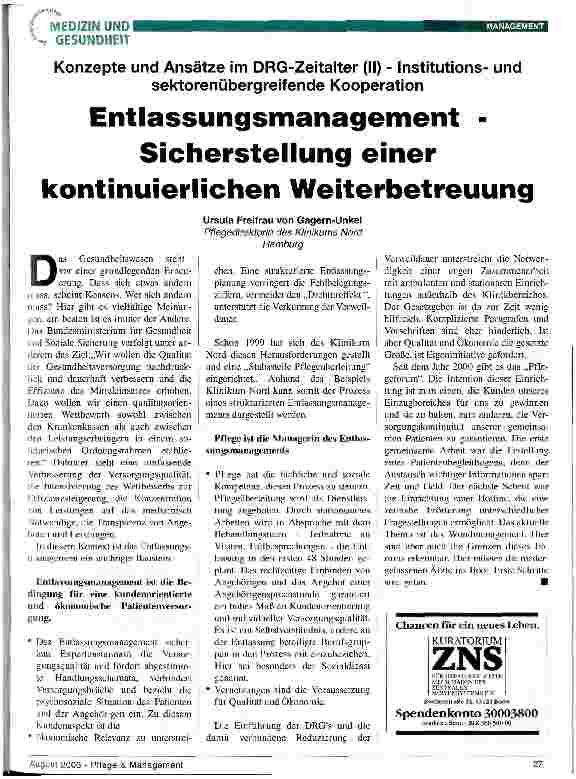 Vorschauseite 1: Entlassungsmanagement - Sicherstellung einer kontinuierlichen Weiterbetreuung Konzepte und Ansätze im DRG-Zeitalter (II) - Institutionsund sektorenübergreifende Kooperation