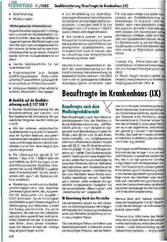 Vorschauseite 1: Beauftragte im Krankenhaus (IX) Beauftragte nach dem Medizinprodukterecht