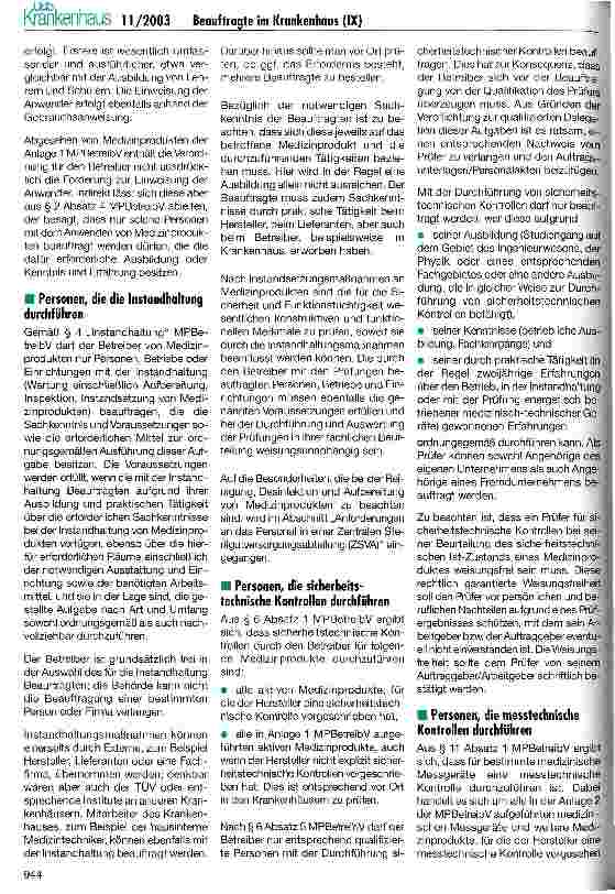 Vorschauseite 3: Beauftragte im Krankenhaus (IX) Beauftragte nach dem Medizinprodukterecht