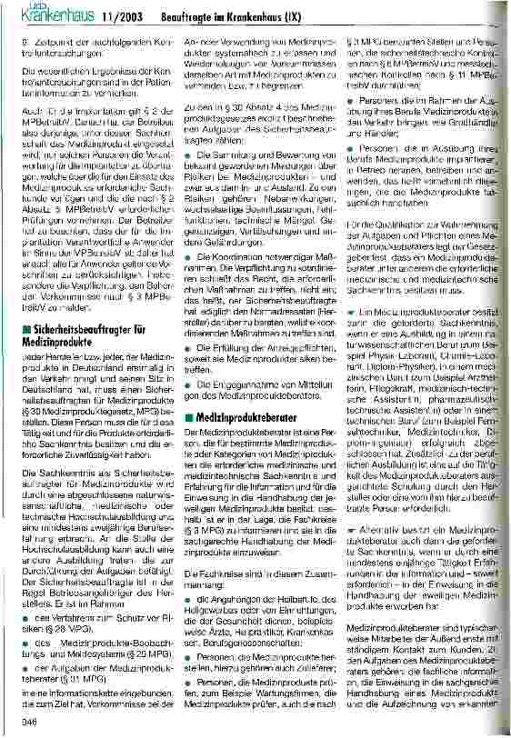Vorschauseite 5: Beauftragte im Krankenhaus (IX) Beauftragte nach dem Medizinprodukterecht
