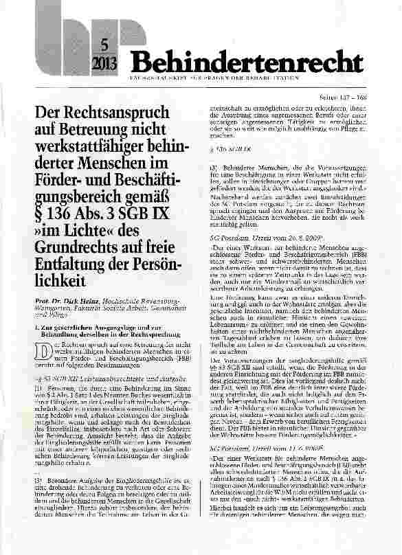 Vorschauseite 1: Der Rechtsanspruch auf Betreuung nicht werkstattfähiger behinderter Menschen im Förderund Beschäftigungsbereich gemäß § 136 Abs. 3 SGBIX »im Lichte« des Grundrechts auf freie Entf…