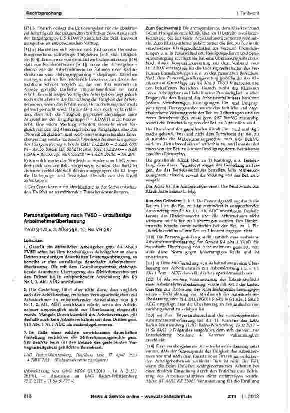 Vorschauseite 1: Personalgestellung nach TVöD - unzulässige Arbeitnehmerüberlassung TVöD § 4 Abs. 3; AÜG §§ 9, 10; BetrVG § 87