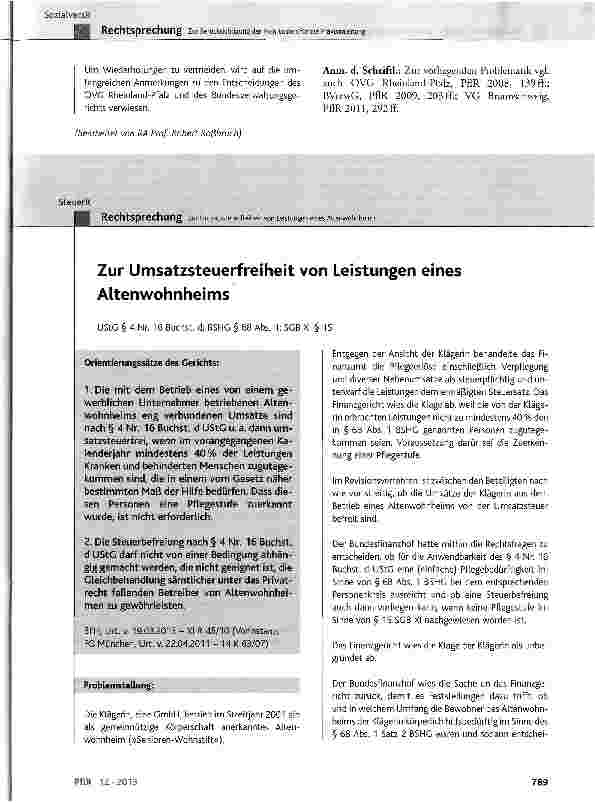 Vorschauseite 1: Zur Umsatzsteuerfreiheit von Leistungen eines Altenwohnheims