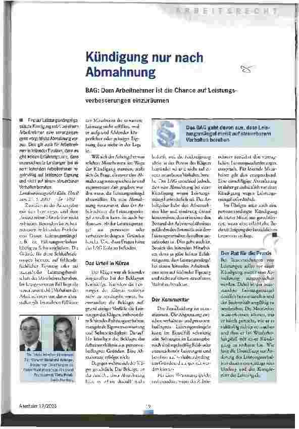 Vorschauseite 1: Kündigung nur nach Abmahnung