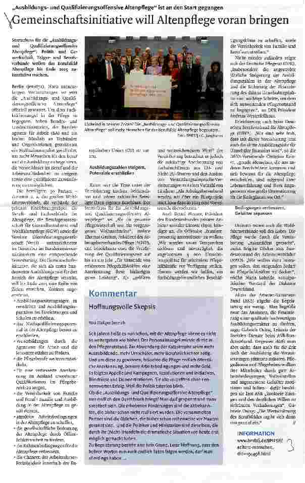 Vorschauseite 1: Gemeinschaftsinitiative will Altenpflege voran bringen