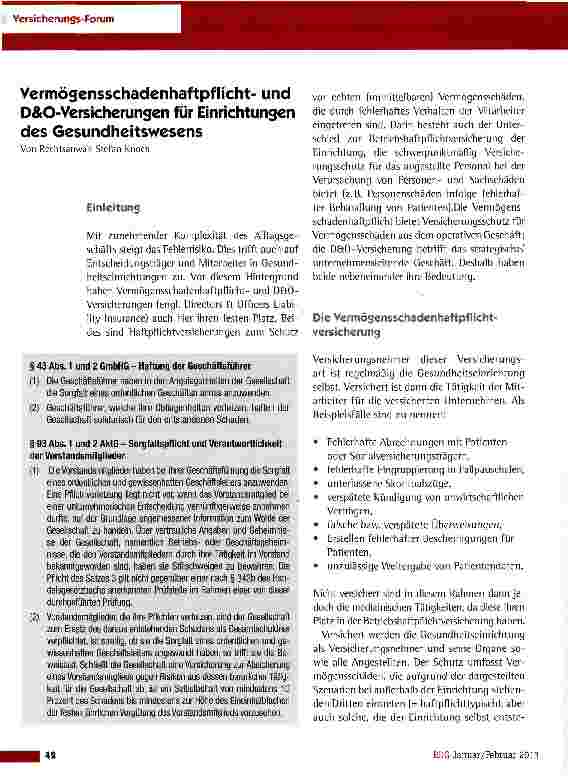 Vorschauseite 1: Vermögensschadenhaftpflichtund D&O-Versicherungen für Einrichtungen des Gesundheitswesens