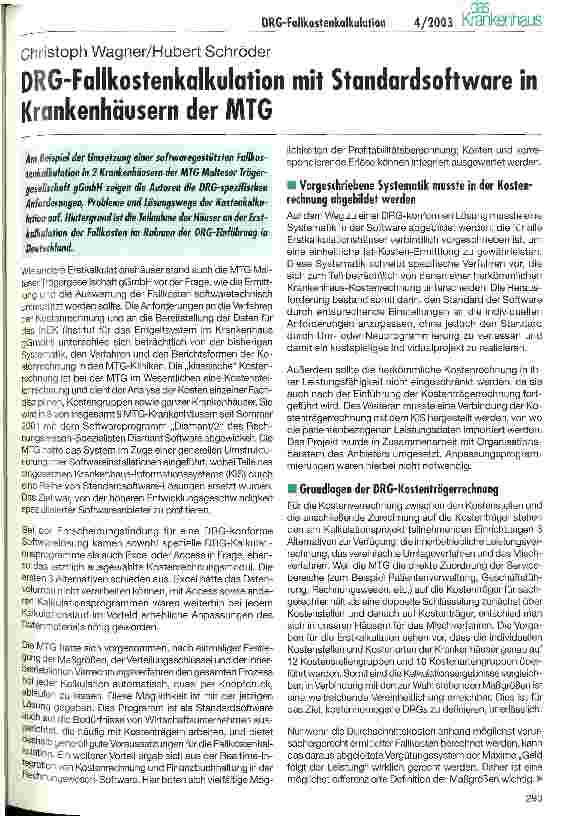 Vorschauseite 1: DRG-Kostenkalkulation mit Standardsoftware in Krankenhäusern der MTG