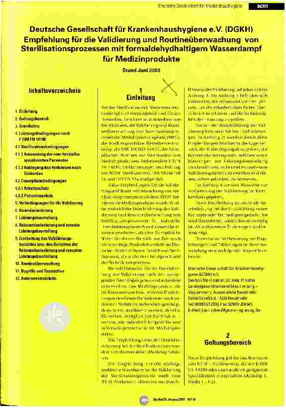 Vorschauseite 1: Empfehlung für die Validierung und Routineüberwachung von Sterilisationsprozessen mit formaldehydhaltigem Wasserdampf für Medizinprodukte Stand: Juni 2003