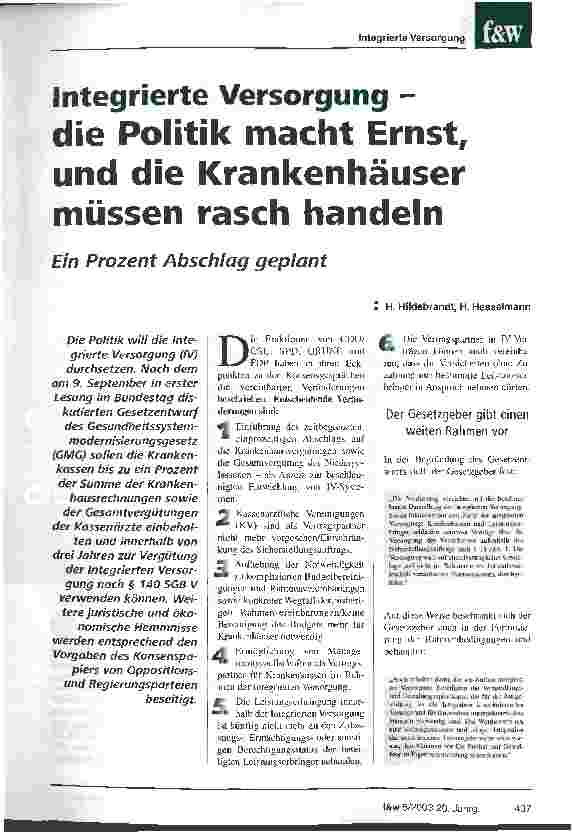Vorschauseite 1: Integrierte Versorgung - die Politik macht Ernst, und die Krankenhäuser müssen rasch handeln Ein Prozent Abschlag geplant