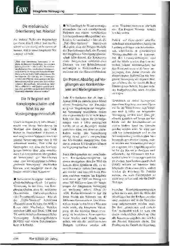 Vorschauseite 2: Integrierte Versorgung - die Politik macht Ernst, und die Krankenhäuser müssen rasch handeln Ein Prozent Abschlag geplant