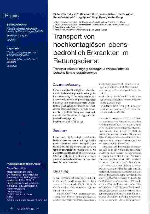 Vorschauseite 1: Transport von hochkontagiösen lebensbedrohlich Erkrankten im Rettungsdienst