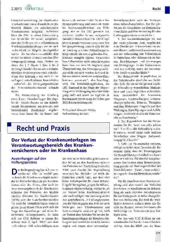 Vorschauseite 1: Der Verlust der Krankenunterlagen im Verantwortungsbereich des Krankenversicherers oder im Krankenhaus