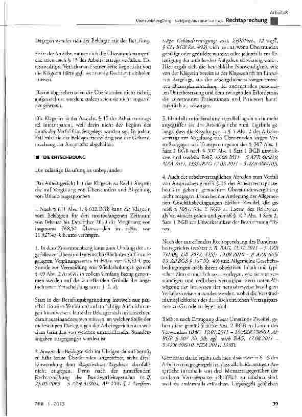 Vorschauseite 3: Überstundenvergütung - Auslegung eines Arbeitsvertrags BGB § 305c Abs. 2, § 307 Abs. 1 Satz 1 und 2, § 611 Abs. 1, § 612; BUrlG § 7 Abs. 4