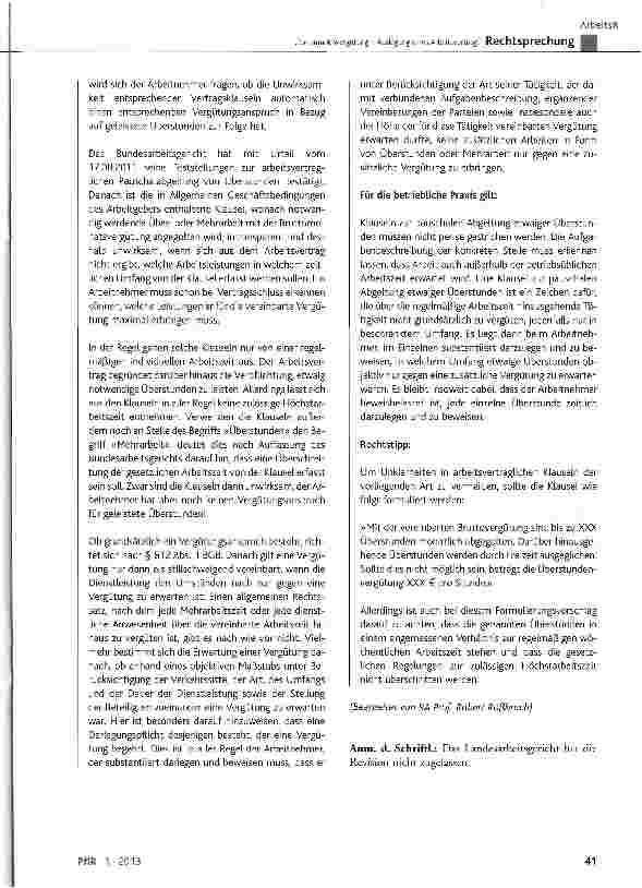 Vorschauseite 5: Überstundenvergütung - Auslegung eines Arbeitsvertrags BGB § 305c Abs. 2, § 307 Abs. 1 Satz 1 und 2, § 611 Abs. 1, § 612; BUrlG § 7 Abs. 4