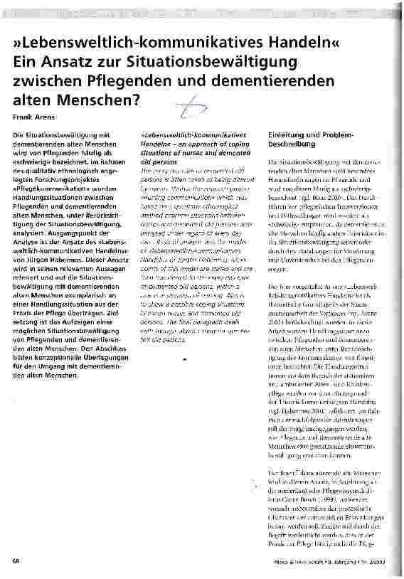 Vorschauseite 1: Lebensweltlich-kommunikatives Handeln Ein Ansatz zur Situationsbewältigung zwischen Pflegenden und dementierenden alten Menschen?
