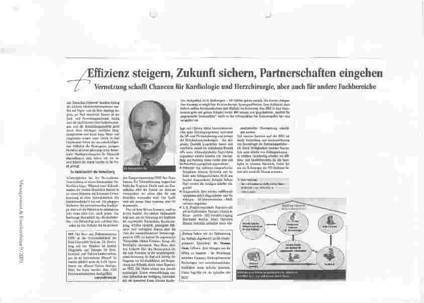 Vorschauseite 1: Effizienz steigern, Zukunft sichern, Partnerschaften eingehen Vernetzung schafft Chancen für Kardiologie und Herzchirurgie, aber auch für andere Fachbereiche