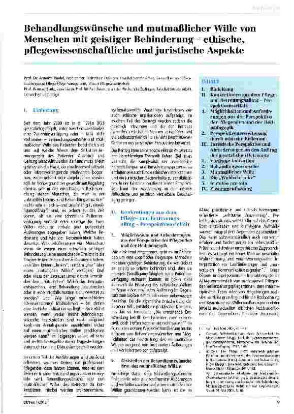 Vorschauseite 1: Behandlungswünsche und mutmaßlicher Wille von Menschen mit geistiger Behinderung - ethische, pflegewissenschaftliche und juristische Aspekte