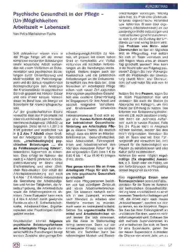 Vorschauseite 1: Psychische Gesundheit in der Pflege -(Un-)Möglichkeiten: Arbeitszeit = Lebenszeit