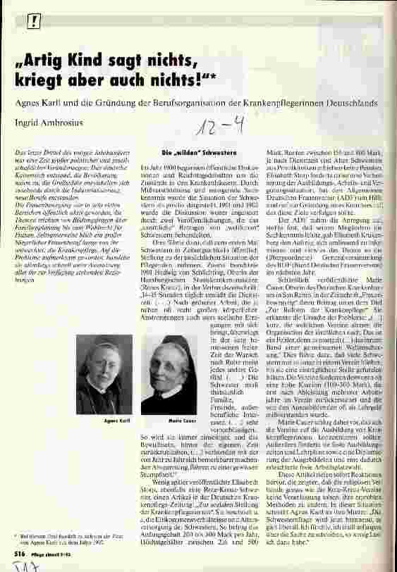 Vorschauseite 1: Artig Kind sagt nichts, kriegt aber auch nichts! Agnes Karll und die Gründung der Berufsorganisation der KPfl. Deuschl.