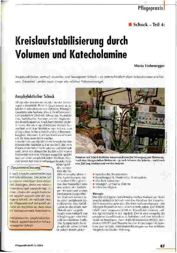 Vorschauseite 1: Kreislaufstabilisierung durch Volumen und Katecholamine Schock - Teil 4