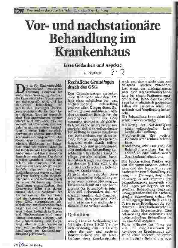Vorschauseite 1: Vorund nachstationäre Behandlung im Krankenhaus Erste Gedanken und Aspekte