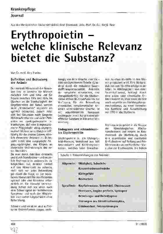 Vorschauseite 1: Erythropoietin - welche klinische Relevanz bietet die Substanz?