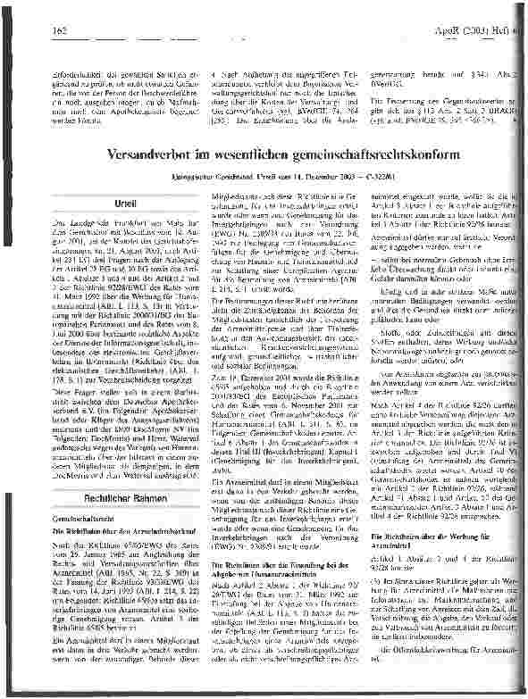 Vorschauseite 1: Versandverbot im wesentlichen gemeinschaftsrechskonform Europäischer Gerichtshof, Urteil vom 11. Dezember 2003