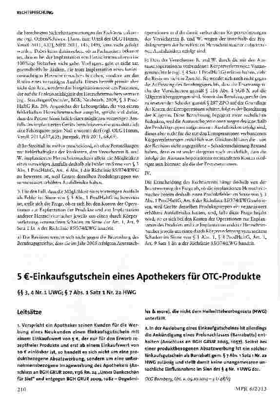 Vorschauseite 1: 5 €-Einkaufsgutschein eines Apothekers für OTC-Produkte§§ 3, 4 Nr. 1 UWG; § 7 Abs. 1 Satz 1 Nr. 2a HWG