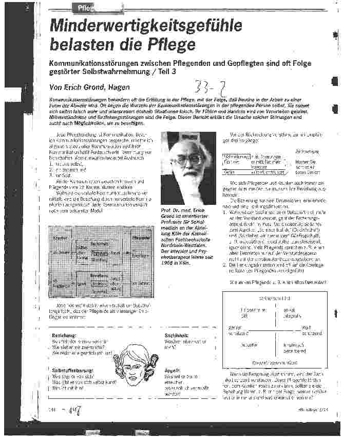 Vorschauseite 1: Minderwertigkeitsgefühle belasten die Pflege Kommunikationsstörungen zwischen Pflegern und Gepflegten sind oft Folge gestörter Selbstwahrn.