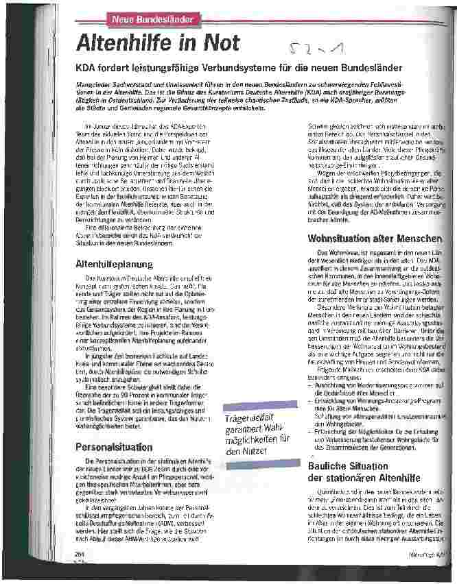 Vorschauseite 1: Altenhilfe in Not KDA fordert leistungsfähige Verbundsysteme für die neuen Bundesländer
