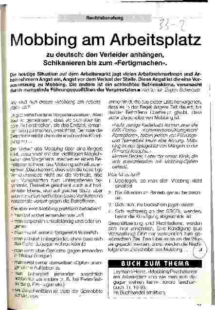 Vorschauseite 1: Mobbing am Arbeitsplatz zu Deutsch: den Verleider anhängen, Schikanieren bis zum Fertigmachen