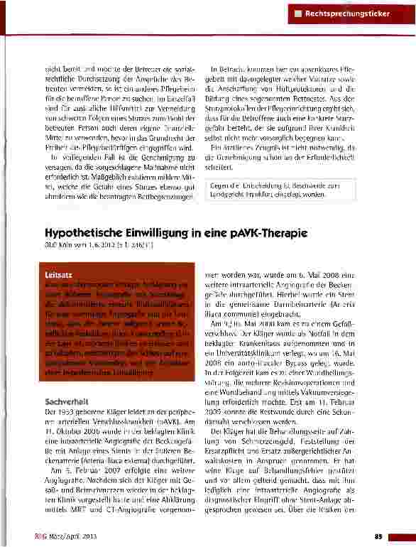 Vorschauseite 1: Hypothetische Einwilligung in eine pAVK-Therapie OLG Köln vom 1.6.2012 (5 1 246/11)