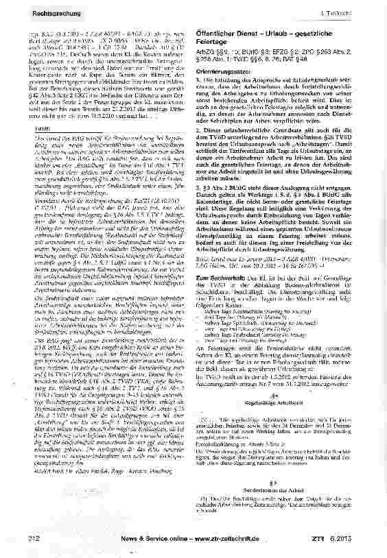 Vorschauseite 1: Öffentlicher Dienst - Urlaub - gesetzliche Feiertage ArbZG §§9, 10; BUrIG §3; EFZG §2; ZPO §253 Abs. 2, § 256 Abs. 1; TVöD §§ 6, 8, 26; BAT § 48