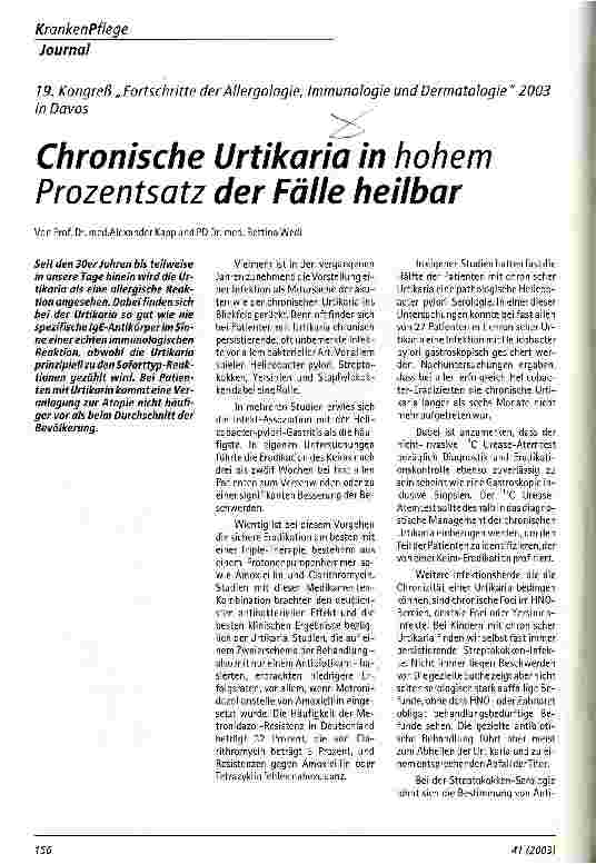 Vorschauseite 1: Chronische Urtikaria in hohem Prozentsatz der Fälle heilbar 19. Kongreß Fortschritte der Allergologie, Immunologie und Dermatologie 2003