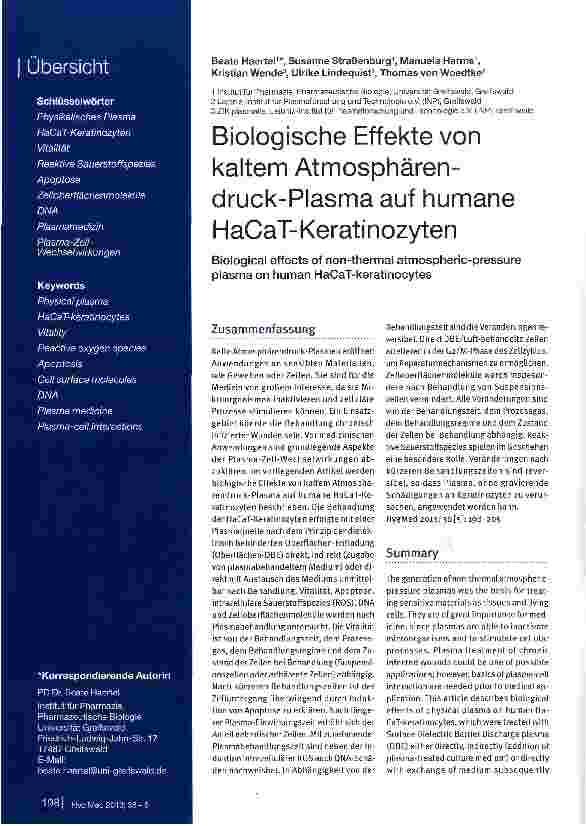 Vorschauseite 1: Biologische Effekte von kaltem Atmosphärendruck-Plasma auf humane HaCaT-Keratinozyten