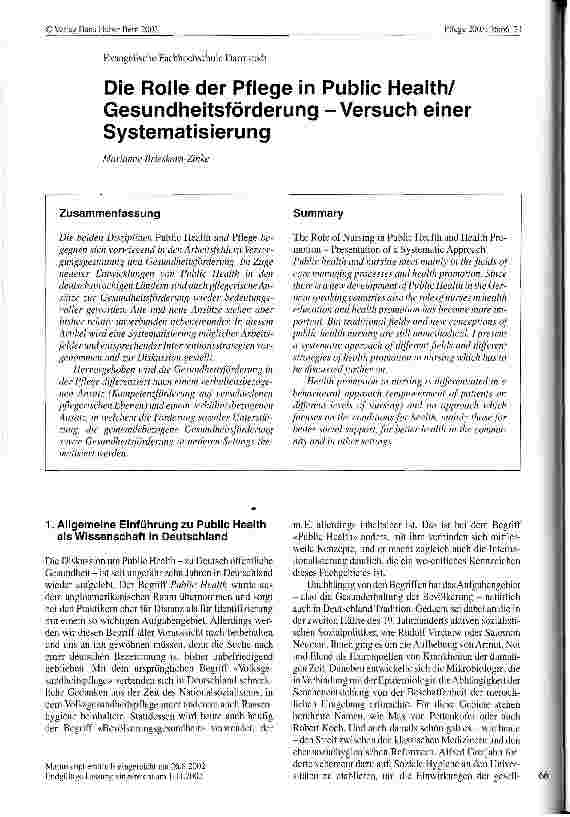 Vorschauseite 1: Die Rolle der Pflege in Public Health/Gesundheitsförderung - Versuch einer Systematisierung