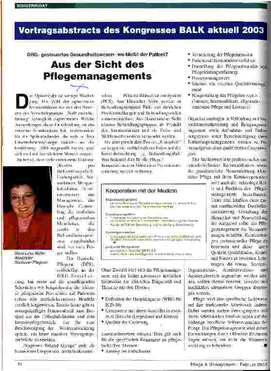 Vorschauseite 1: Aus der Sicht des Pflegemanagements DRG-gesteuertes Gesundheitswesen - wo bleibt der Patient? - Vortragsabstract des Kongresses BALK aktuell 2003