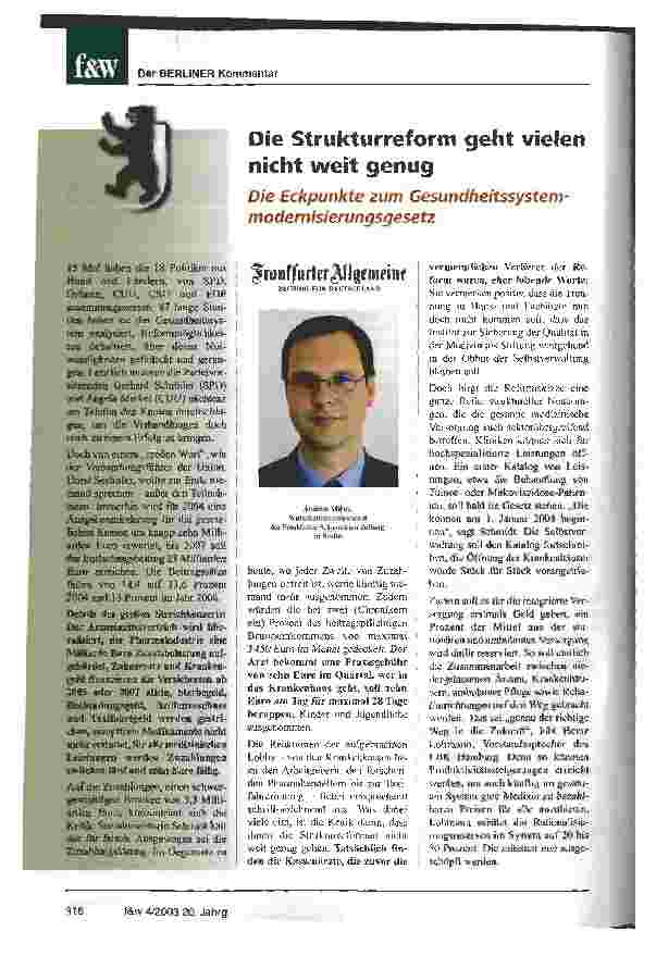 Vorschauseite 1: Die Strukturreform geht vielen nicht weit genug Die Eckpunkte zum Gesundheitssytemmodernisierungsgesetz