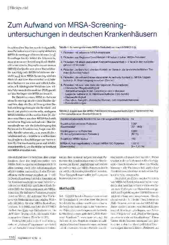 Vorschauseite 1: Zum Aufwand von MRSA-Screening-untersuchungen in deutschen Krankenhäusern