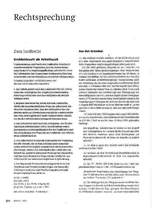 Vorschauseite 1: Umkleidezeit als Arbeitszeit