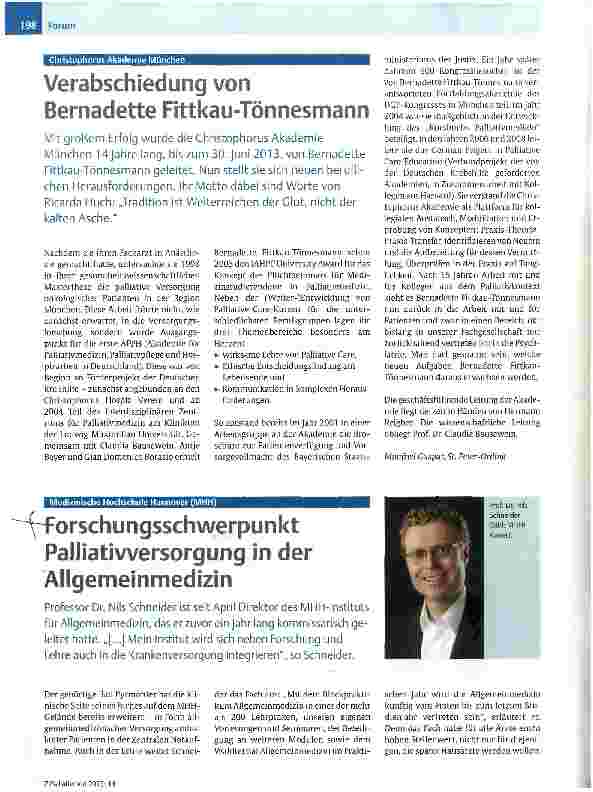 Vorschauseite 1: Forschungsschwerpunkt Palliativversorgung in der Allgemeinmedizin