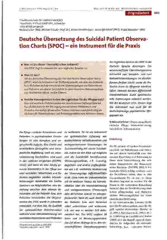 Vorschauseite 1: Deutsche Übersetzung des Suicidal Patient Observa tion Charts (SPOC) - ein Instrument für die Praxis