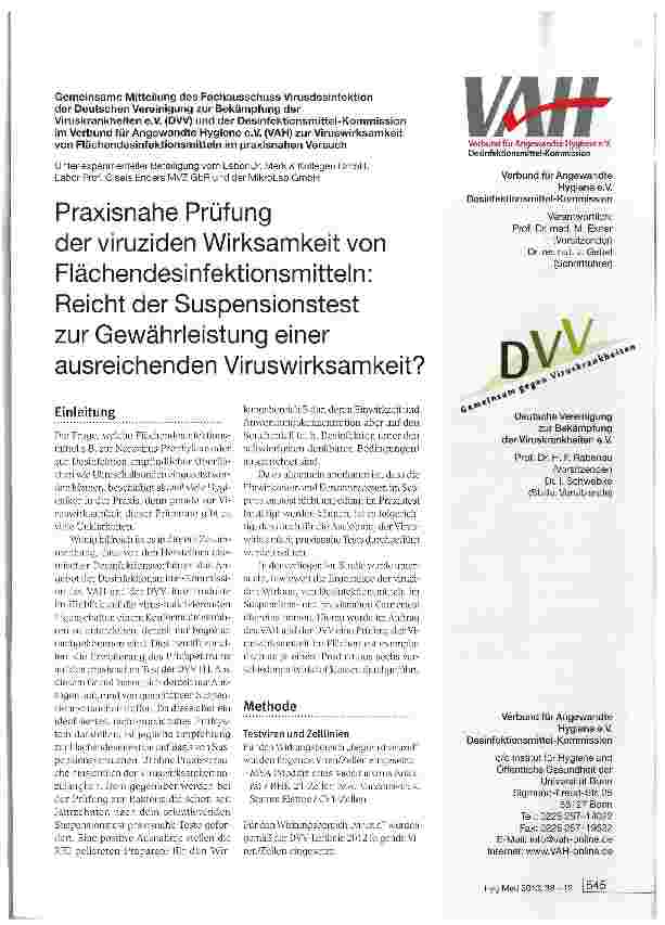 Vorschauseite 1: Praxisnahe Prüfung der viruziden Wirksamkeit von Flächendesinfektionsmitteln: Reicht der Suspensionstest zur Gewährleistung einer ausreichenden Viruswirksamkeit?