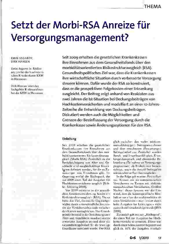 Vorschauseite 1: Setzt der Morbi-RSA Anreize für Versorgungsmanagement?