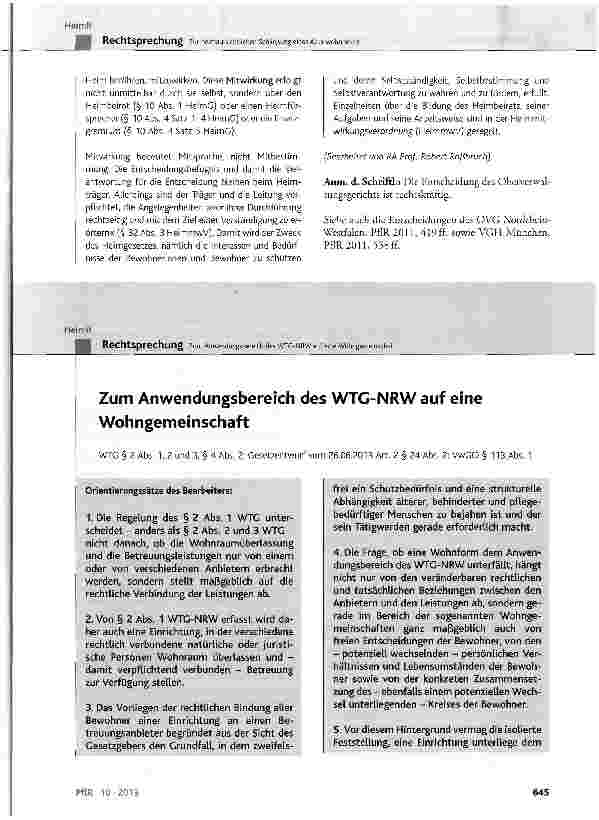 Vorschauseite 1: Zum Anwendungsbereich des WTG-NRW auf eine Wohngemeinschaft WTG § 2 Abs. 1, 2 und 3, § 4 Abs. 2; Gesetzentwurf vom 26. 06. 2013 Art. 2 § 24 Abs. 2; VwGO § 113 Abs. 1