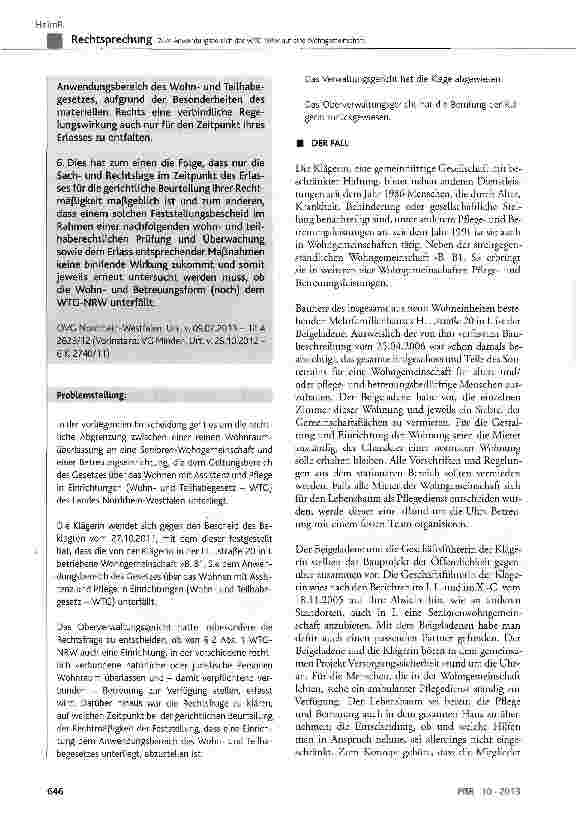 Vorschauseite 2: Zum Anwendungsbereich des WTG-NRW auf eine Wohngemeinschaft WTG § 2 Abs. 1, 2 und 3, § 4 Abs. 2; Gesetzentwurf vom 26. 06. 2013 Art. 2 § 24 Abs. 2; VwGO § 113 Abs. 1