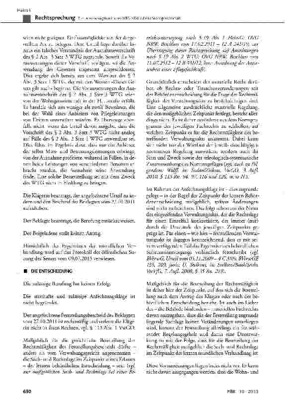 Vorschauseite 6: Zum Anwendungsbereich des WTG-NRW auf eine Wohngemeinschaft WTG § 2 Abs. 1, 2 und 3, § 4 Abs. 2; Gesetzentwurf vom 26. 06. 2013 Art. 2 § 24 Abs. 2; VwGO § 113 Abs. 1