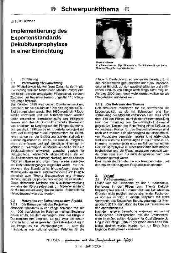 Vorschauseite 1: Implementierung des Expertenstandards Dekubitusprophylaxe in einer Einrichtung