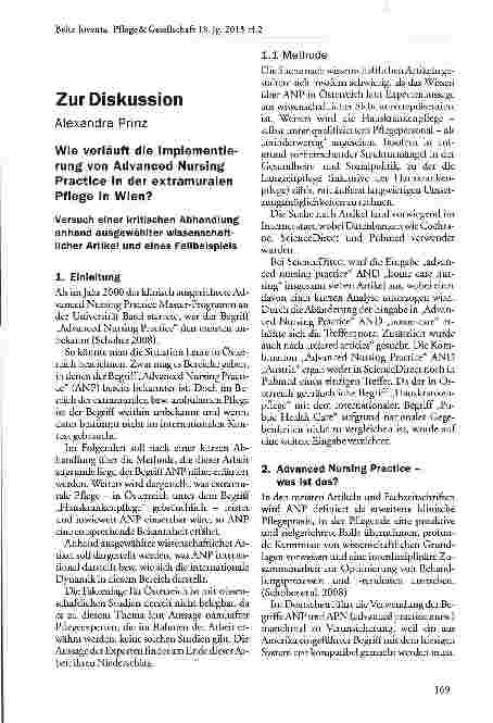 Vorschauseite 1: Wie verläuft die Implementierung von Advanced Nursing Practice in der extramuralen Pflege in Wien?