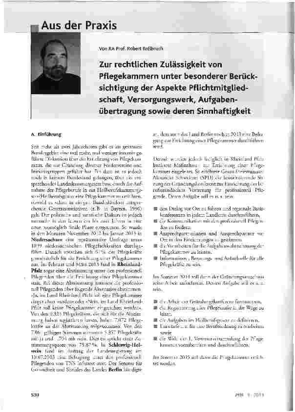Vorschauseite 1: Zur rechtlichen Zulässigkeit von Pflegekammern unter besonderer Berücksichtigung der Aspekte Pflichtmitgliedschaft, Versorgungswerk, Aufgabenübertragung sowie deren Sinnhaftigkeit